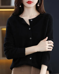 Wool O-Neck Seamless Single-Breasted Open Cardigan Sweater
