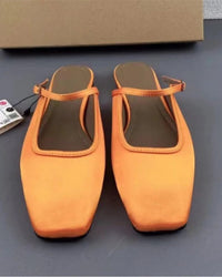 women's satin flats - square toe, buckle strap and breathable slingback design, chic fashion mules perfect for leisure outings, daily commuting or casual elegant looks.