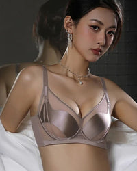 Lightweight satin bralette in sand, seamless edges and 3-D mesh lining gather and boost smaller busts without show-through.