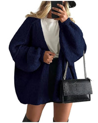 Solid V-Neck Loose Long Knit Cardigan Coat