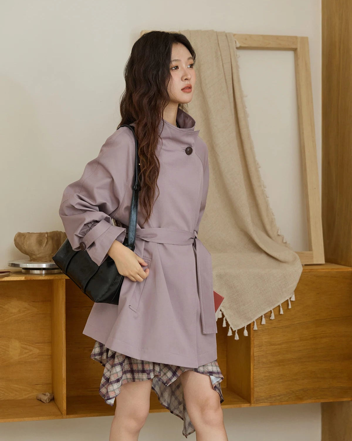 Stand-Collar Belted Trench Coat