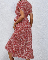 Floral Print V-Neck Lace-Up Flare Sleeve Midi Dress