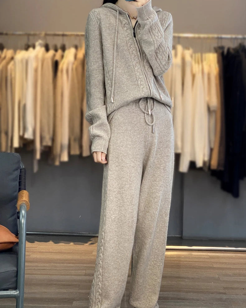 Wool Blend Hooded Zip Cardigan & Wide-Leg Pants Set