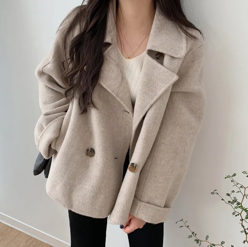Turn Down Collar Double Breasted Short Wool Coat