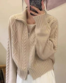 100% cashmere turtleneck zip-up loose open cardigan sweater. Heavyweight, medium stretch — a soft, elegant autumn winter knitwear coat for women.