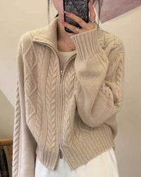 100% cashmere turtleneck zip-up loose open cardigan sweater. Heavyweight, medium stretch — a soft, elegant autumn winter knitwear coat for women.