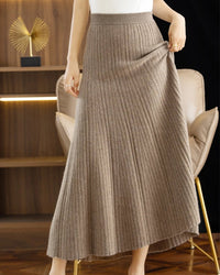 Merino Wool Solid Pleated Ankle-Length Knit Skirt