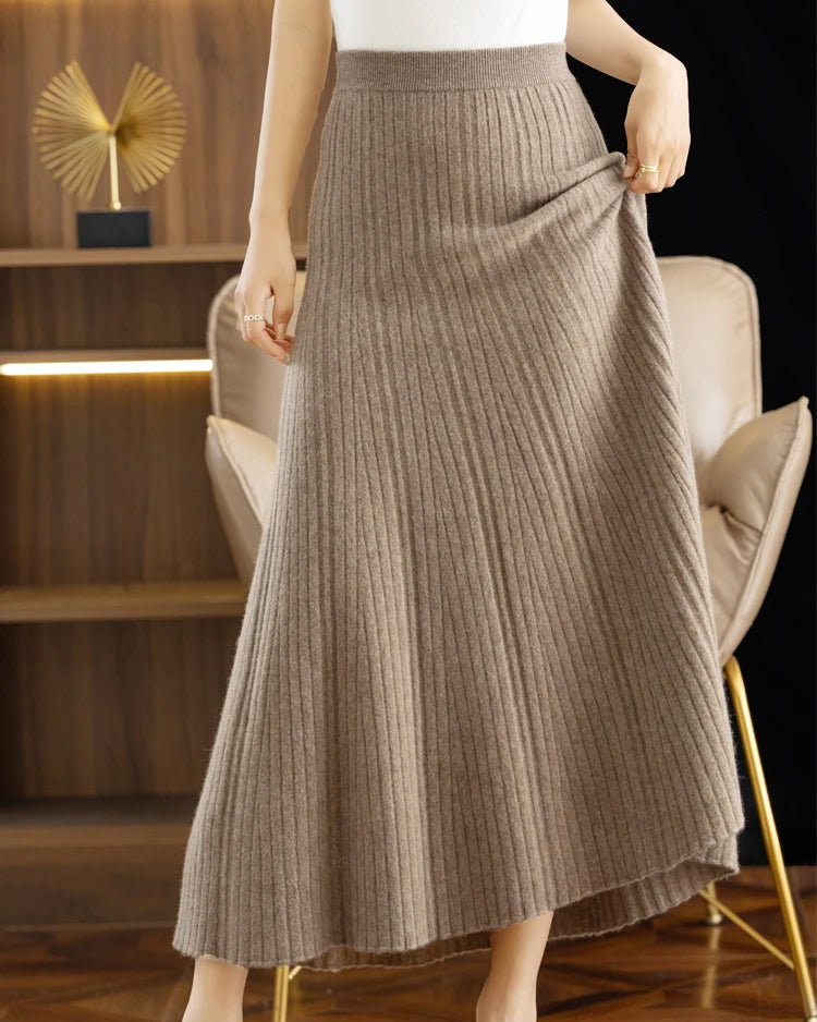 Merino Wool Solid Pleated Ankle-Length Knit Skirt