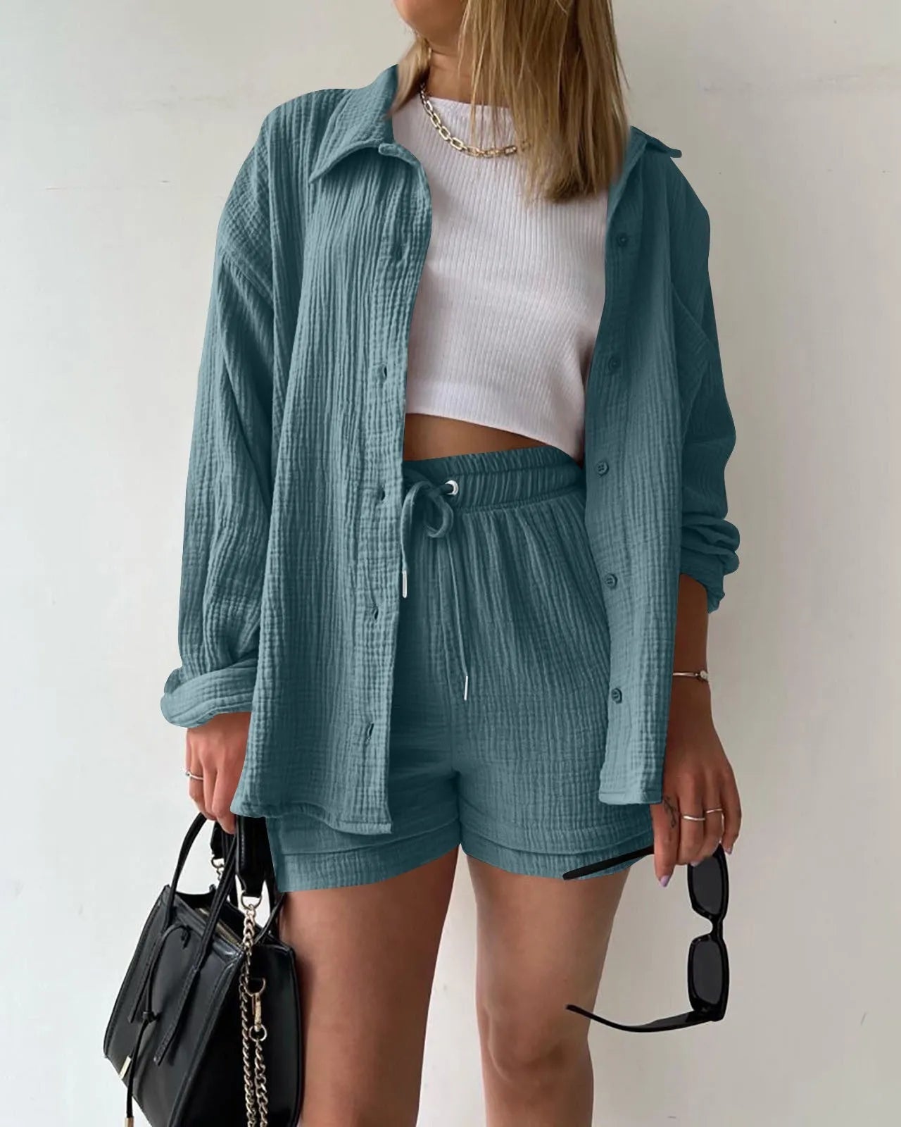 Stand Collar Long Sleeve Top & High Waist Shorts Set