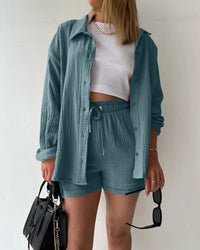 Stand Collar Long Sleeve Top & High Waist Shorts Set