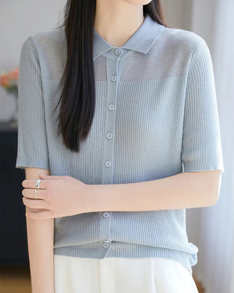 Relaxed Knit Turn-Down Collar Top