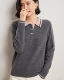 Cashmere Wool Blend Contrast Colour Polo Collar Pullover Sweater