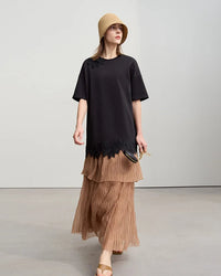 Round Neck Drop Shoulder Lace Long T-Shirt