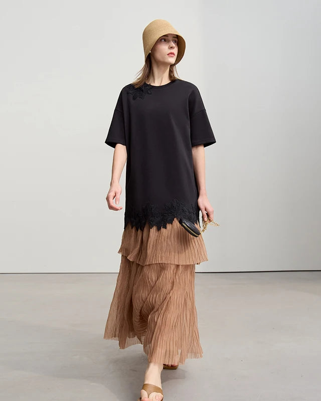 Round Neck Drop Shoulder Lace Long T-Shirt
