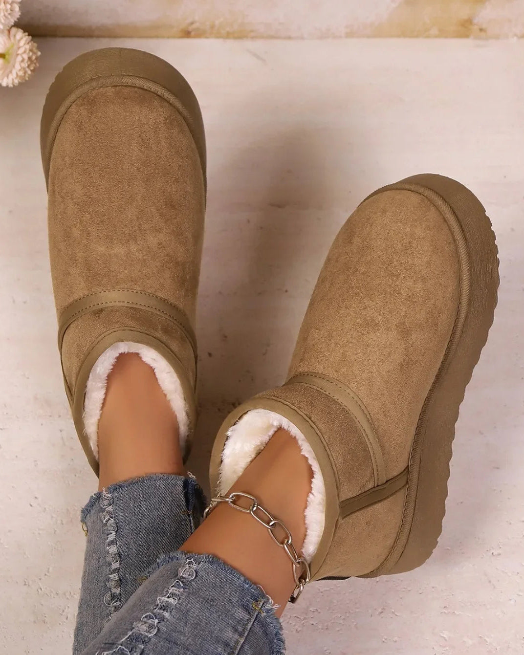 Flannel Slip-On Snow Ankle Boots