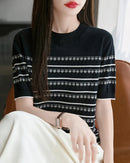 Cotton Striped Jacquard Crew Neck Knit Tee