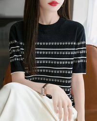 Cotton Striped Jacquard Crew Neck Knit Tee