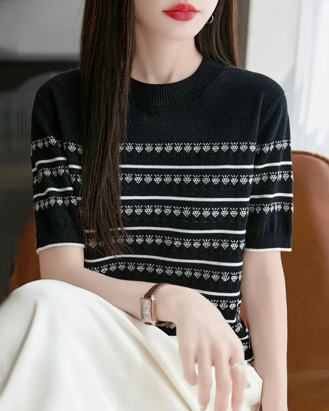 Cotton Striped Jacquard Crew Neck Knit Tee