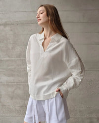 Retro Long-Sleeved V-Neck Casual Loose Shirt