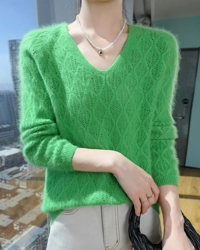 Openwork Mink Cashmere V-Neck Sweater