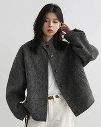 Wool-Blend Stand-Collar Short Coat