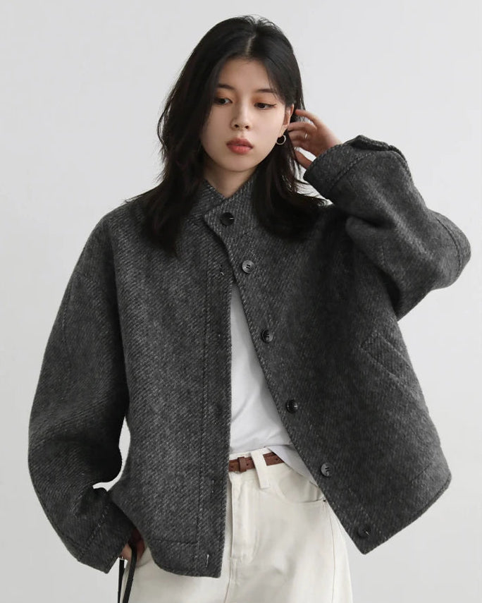 Wool-Blend Stand-Collar Short Coat