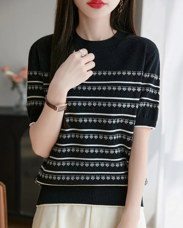 Cotton Striped Jacquard Crew Neck Knit Tee