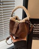 Faux Suede Plush Bucket Shoulder Bag