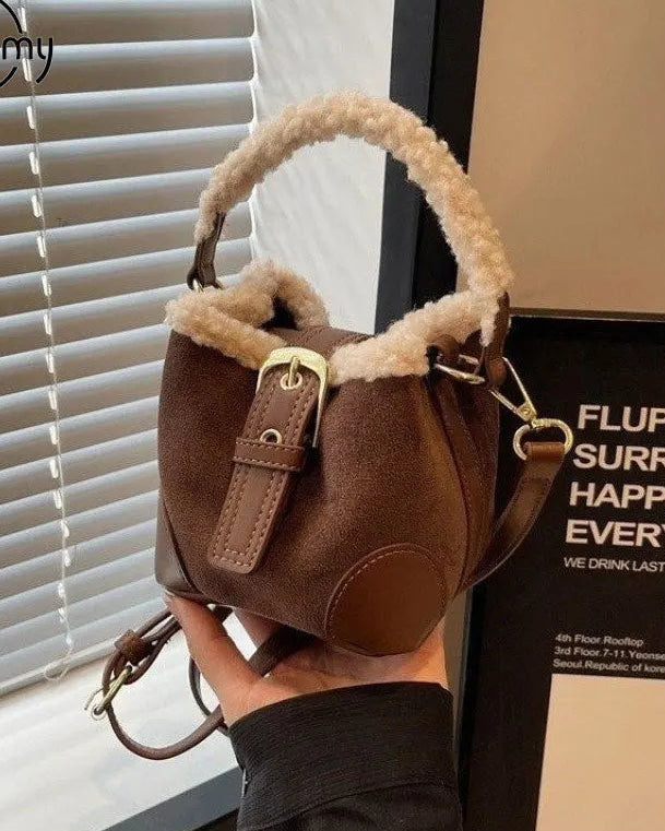 Faux Suede Plush Bucket Shoulder Bag