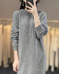 Pure merino wool hooded midi dress. Seamlessly knitted, relaxed fit, luxuriously soft. 