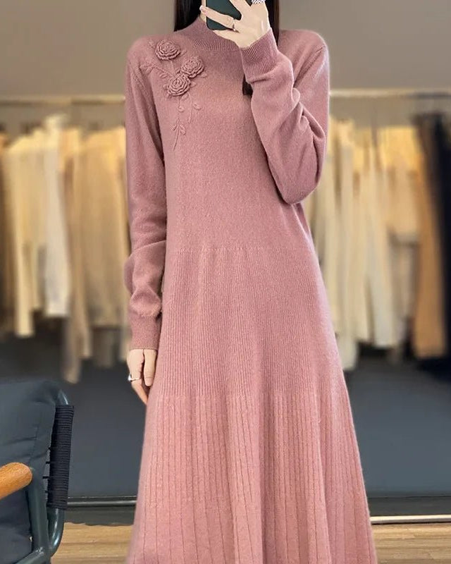 100% Pure Wool Knitted A-Line Long Sleeves Dress