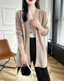 Merino Wool Dot Long Open-Front Cardigan