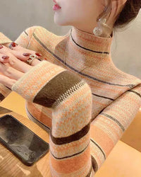 Striped Half-High Collar Slim Knit Pullover
