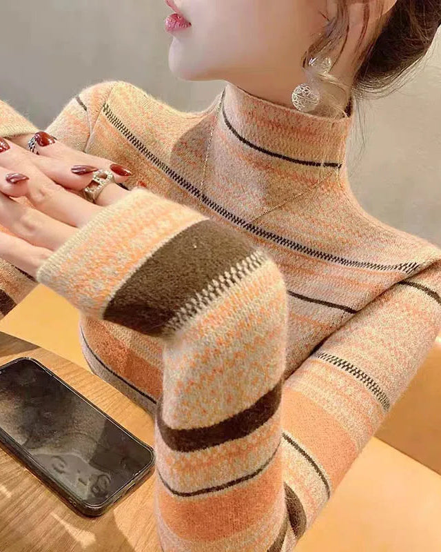 Striped Half-High Collar Slim Knit Pullover