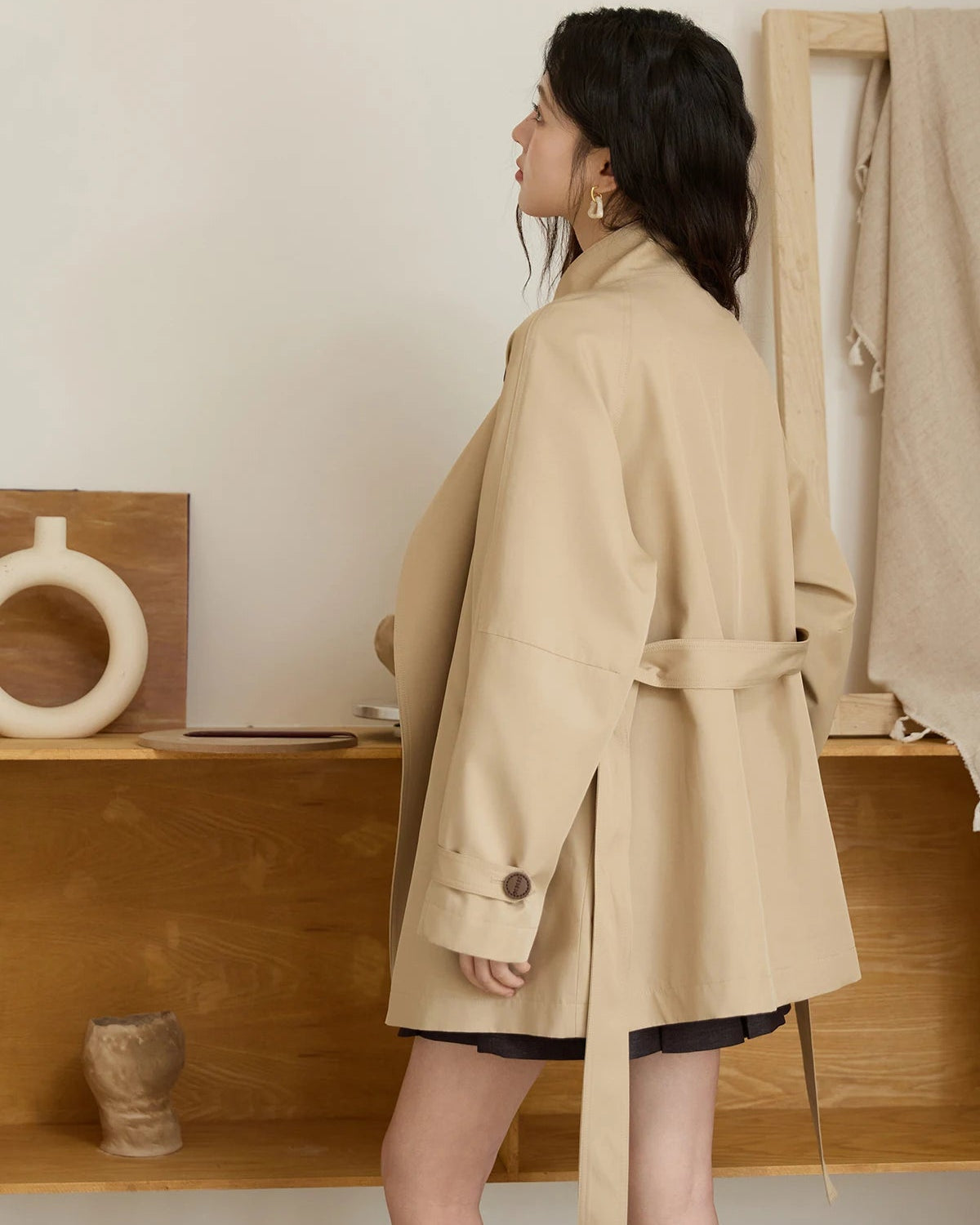 Stand-Collar Belted Trench Coat