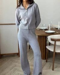 Zip-Up Cropped Knit Cardigan & Drawstring Wide-Leg Trousers Set