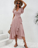 Floral Print V-Neck Lace-Up Flare Sleeve Midi Dress