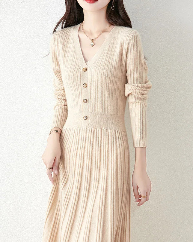 Merino Wool V-Neck Knit Midi Dress