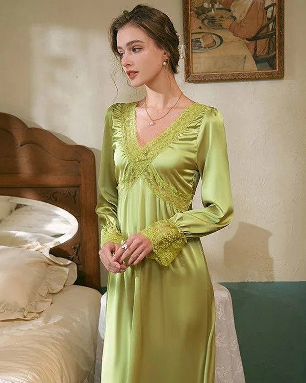 V-Neck Satin Long Sleeve Nightdress