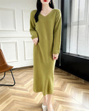 Wool V-Neck Long Sweater Dress