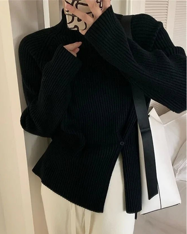 Mock Neck Ribbed Split Pullover