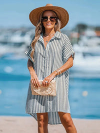 Oversized Striped Short Dolman Sleeve Shirt Dress