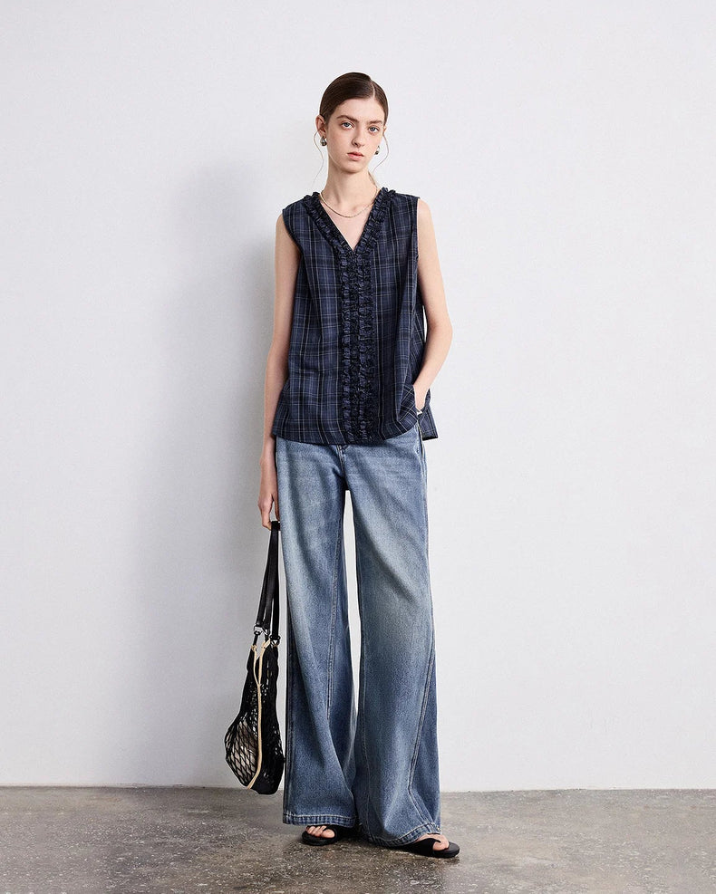 V-Neck Lace Plaid Sleeveless Pullover Top