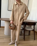 Loose Knit Cardigan & Elastic Waist Trousers Set