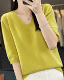 Merino Wool V-Neck Short-Sleeve Sweater