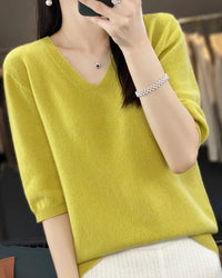 Merino Wool V-Neck Short-Sleeve Sweater