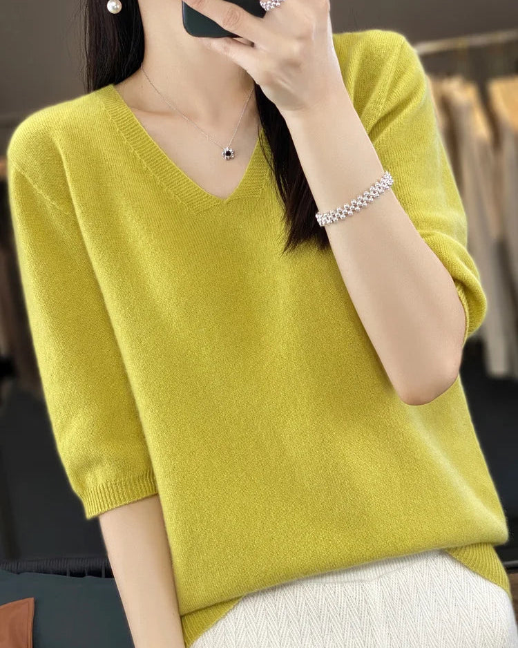 Merino Wool V-Neck Short-Sleeve Sweater