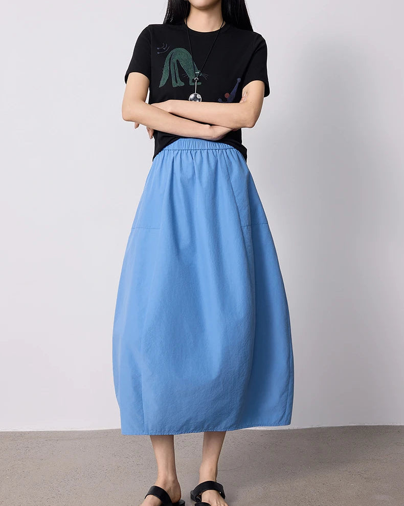 High-Waist Cocoon A-Line Midi Skirt