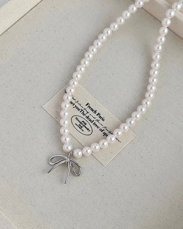 Pearl Bow Tassel Clavicle Necklace