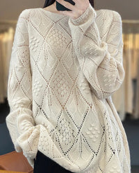 A loose wool knit sweater with a round neck and openwork crochet texture, designed for soft high-stretch warmth that layers easily over tees.